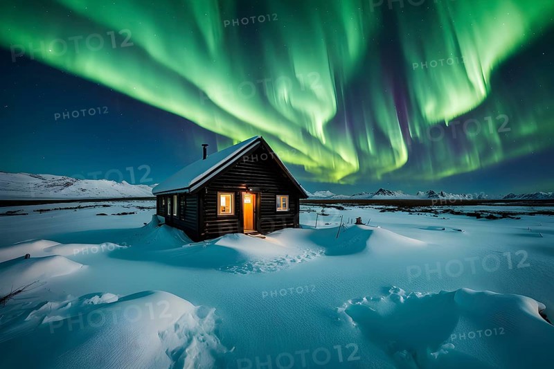 Aurora borealis illuminating snow covered fjord landscape with a wooden cabin in vibrant hues, AI generated