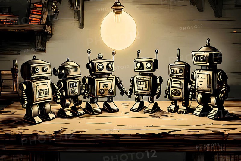 Team of robots styled as vintage toys poised atop an antique wooden table, AI generated