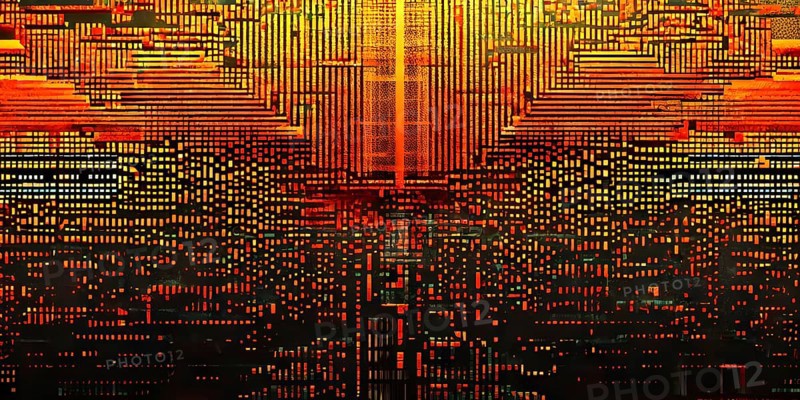Abstract 3d pixel art technology themed pattern featuring random mosaic in vibrant hues, AI generated