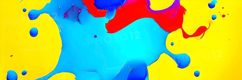 Abstract image with vibrant blue and red blobs and liquid shapes on a yellow background, AI generated