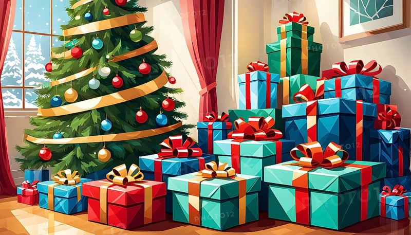 Abstract illustration of wrapped Christmas gifts, shiny ribbons and bows, stacked under a evergreen tree in a cozy living room, AI generated