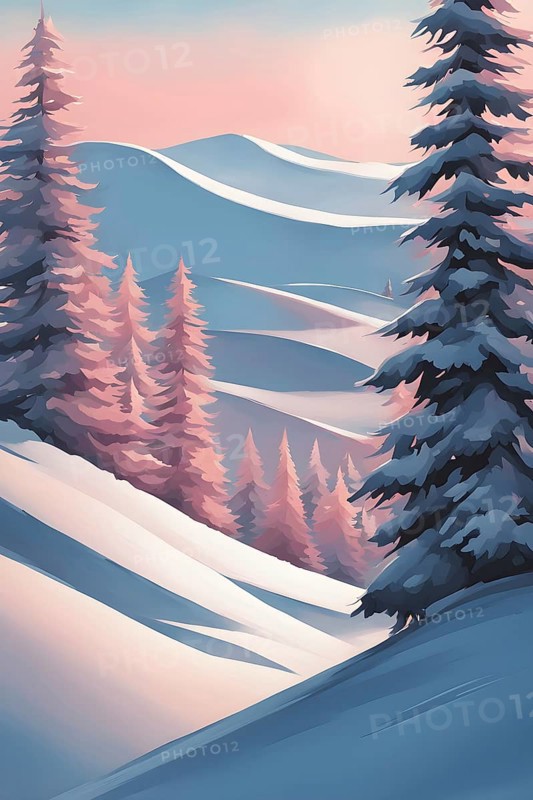 Abstract winter wonderland with minimalist stylized pine trees and snowdrifts using soft pastel colors and gentle curves, AI generated