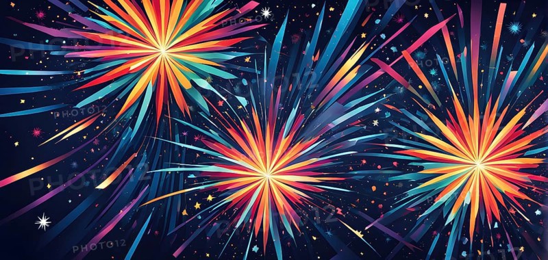 Wallpaper illustration of an explosion of vibrant fireworks colors in a night sky, symbol for happy new year, AI generated