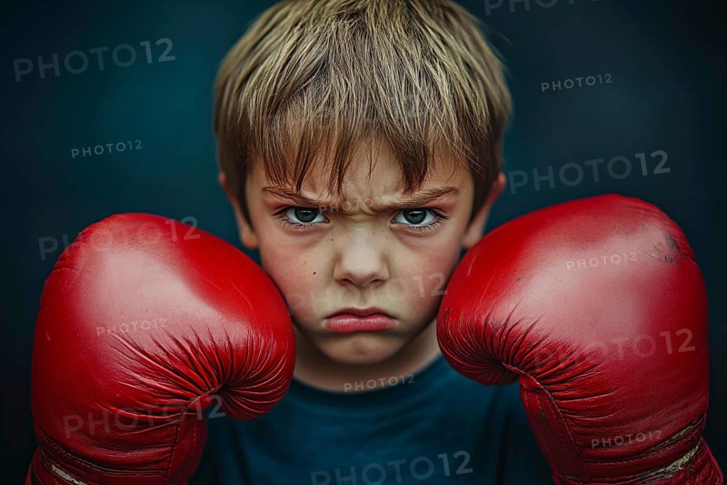 Angry boy child with red boxing gloves. Generative Ai, AI generated
