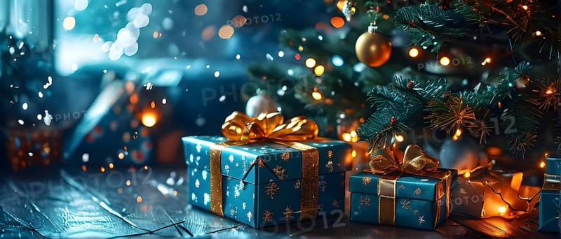 Beautiful wrapped Christmas gifts with shiny ribbons and bows stacked under a evergreen tree in a cozy living room, AI generated