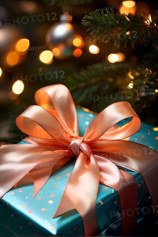 Close-up of a beautifully wrapped Christmas gift with a satin ribbon, set under a glowing Christmas tree, AI generated