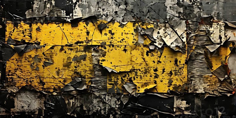 Vintage style collage featuring textured grunge posters in hues of black, blue and yellow, AI generated