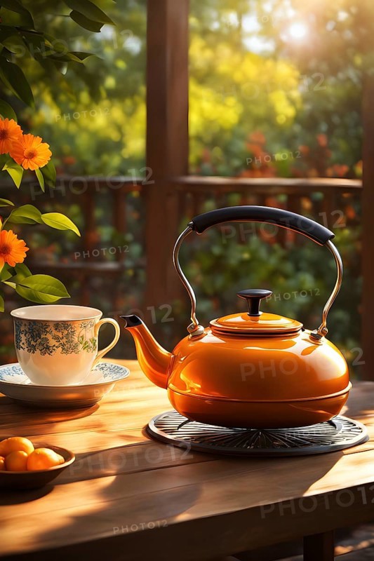 Orange colored tea kettle whistling on a rustic wooden table in soft morning sunlight, AI generated