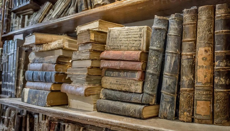 Many old books in a bookshelf, library, antiquarian bookshop, AI-generated, AI-generated, AI generated