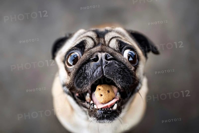 Funny pug dog catching dog treat with open mouth. Generative AI, AI generated