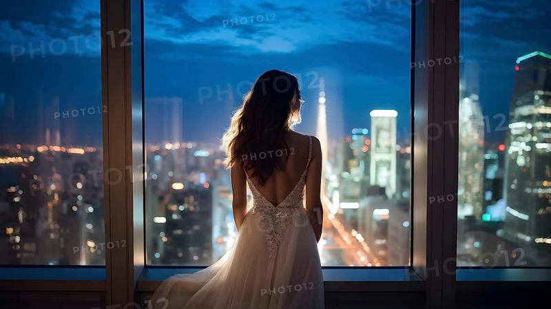 Young woman in an evening dress standing by a large window gazes out at city lights, AI generated