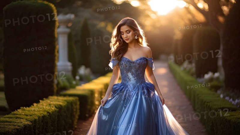 Young woman clad in luminous blue evening gown saunters along a garden path at dusk, AI generated