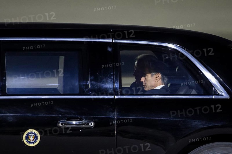 Joe Biden (46th President of the United States) and Antony Blinken (Secretary of State of the United States) sit in The Beast vehicle after arriving with Air Force One at BER Airport, Berlin, 17 October 2024
