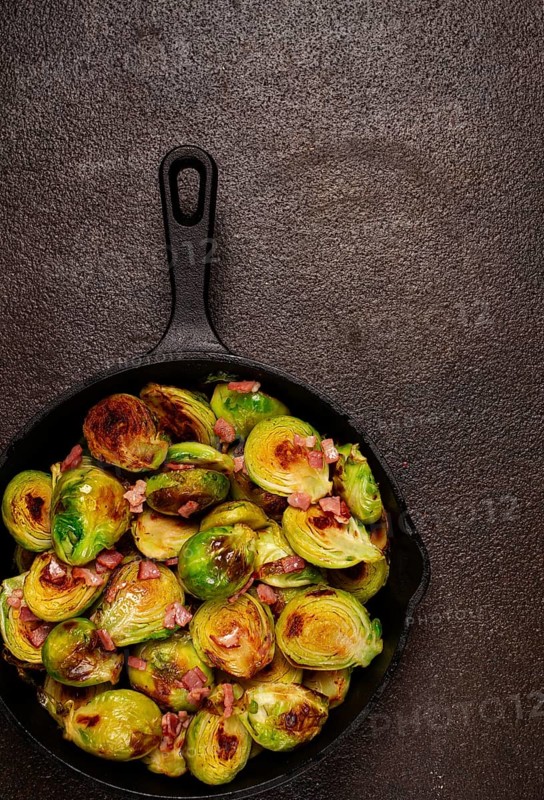 Roasted brussels sprouts, with bacon, vegetarian food, homemade, no people