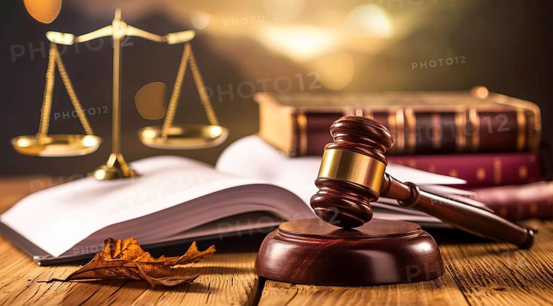 A law book, gavel and pair of scales on a table. Concept of justice for all and fair jury trial, AI generated