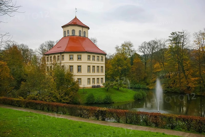 Oppenweiler moated castle, built in the 18th century, classicist style, castle complex in unequal-sided octagon, today town hall, architecture, tent roof with pavilion attachment, window, lake, castle lake, water features, island, park, garden designer Friedrich Ludwig von Sckell, meadow, lawn, trees, bushes, shrubs, autumn atmosphere, rain, Oppenweiler, Rems-Murr district, Baden-Württemberg, Germany, Europe