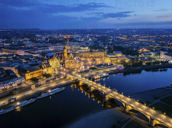 Theatre Square, Court Church, Residential Palace on the Elbe with Brühl's Terrace, Ständehaus and Augustus Bridge, Dresden, Saxony, Germany, Europe