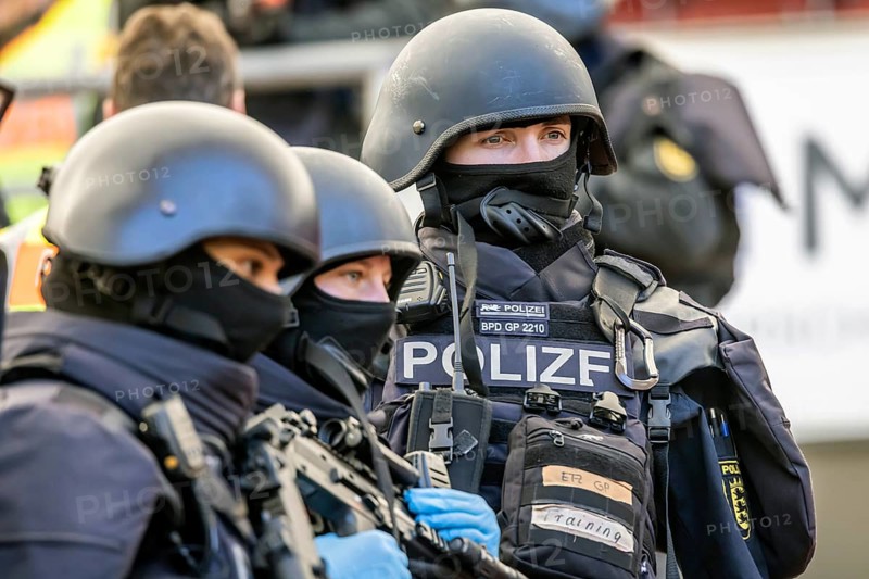 Baden-Württemberg police anti-terror exercise in the stadium. In the run-up to the European Football Championships, 1200 police officers rehearse for an emergency. Scenario: stabbing in the stands of the MHP Arena, VfB Stuttgart's stadium, which is also the venue for five European Championship matches. After initial treatment by the police, the handover of the injured to the emergency services and fire brigade was also rehearsed. Stuttgart, Baden-Württemberg, Germany, Europe