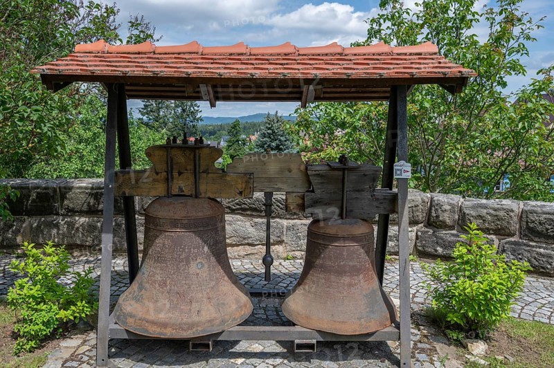 Discarded midday bells from St James' Church, cast in 1947, Schönberg, Middle Franconia, Bavaria, Germany, Europe