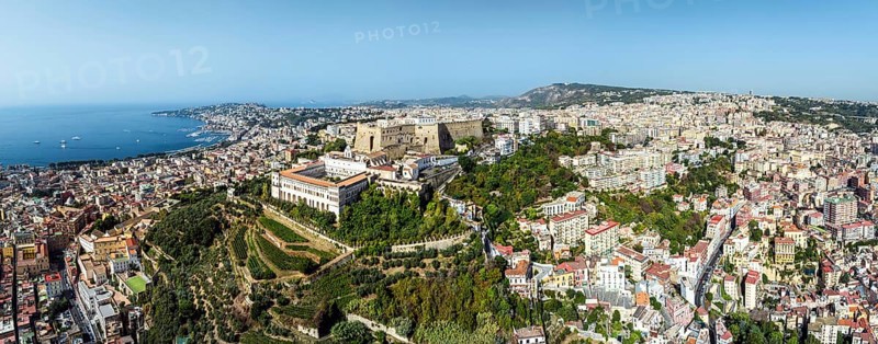 Panorama of Castel Sant'Elmo and Charterhouse and Museum of San Martino from a drone, Campania, Italy, Europe