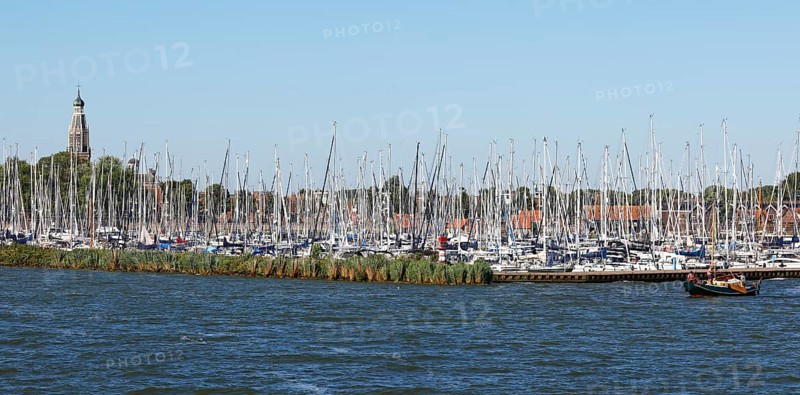 Enkhuizen marina with tower of the Zuiderkerk church, Enkhuizen, North Holland, West Friesland, Netherlands