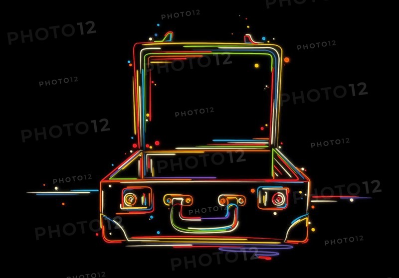 Colorful open suitcase, luggage sketch. Hand drawn vector illustration in colors over black background