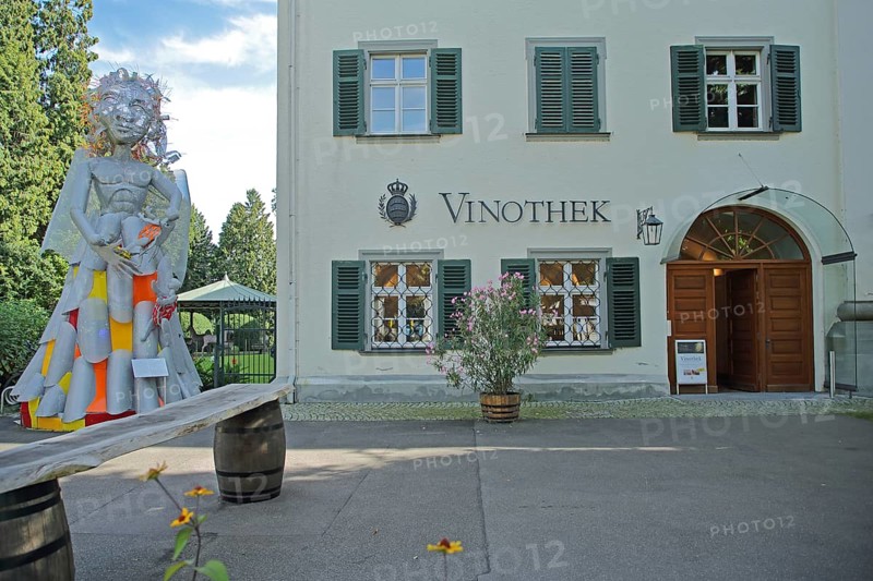 Vinotheque at the castle with sculpture Omael Engel by Diane Duchess of Württemberg, winery, Friedrichshafen, Obersee, Lake Constance, Lake Constance area, Baden-Württemberg, Germany, Europe