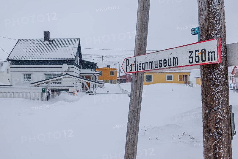 Village, houses, snowstorm, wind, snow, sign, museum, Kiberg, Varanger Peninsula, Norway, Europe