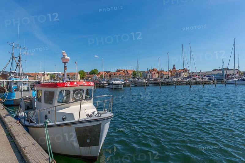 Town view Fåborg, Faaborg, harbour with fishing boats, motorboats and sailing yachts, jetty, Fyn, island Funen, south coast, Danish South Sea, Denmark, Europe