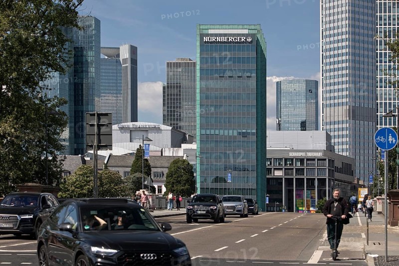 City view with traffic on the Untermainbrücke bridge with high-rise buildings, Frankfurt am Main, Hesse, Germany, Europe