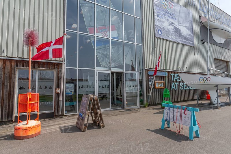 Maritime Svendborg, Danmarks Museum for Lystsejlads, museum for pleasure craft shipping, entrance, Danish flag, Frederiksø, Frederiks Island in the harbour, Great Belt, Baltic Sea, Fyn, Fyn Island, Denmark, Europe