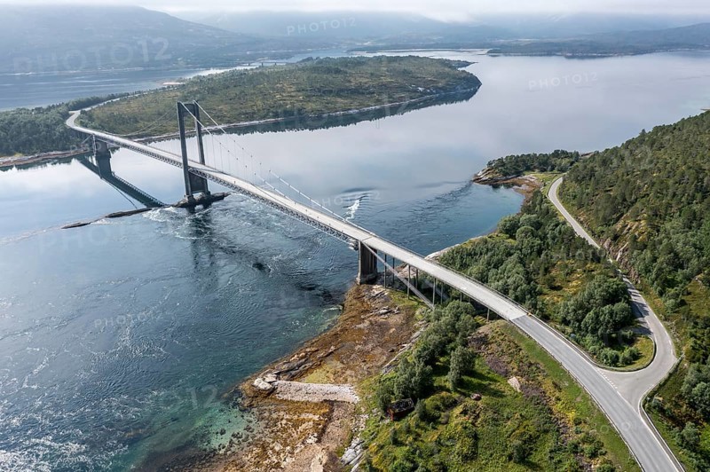 Aerial view of suspension bridge over fjord Efjord, road E6, northern Norway
