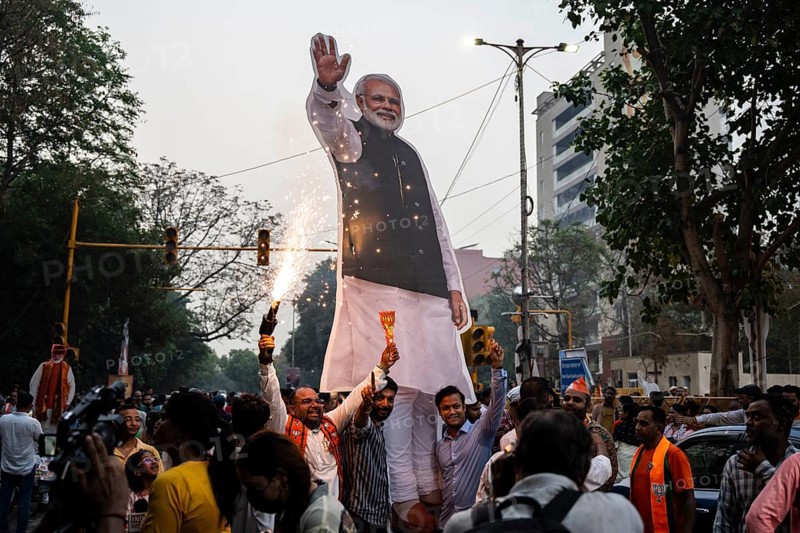 New Delhi, India, 4 June 2024. Bharatiya Janata Party (BJP) supporters celebrate as India's Prime Minister Narendra Modi being won the general elections for third time, in Delhi, Asia