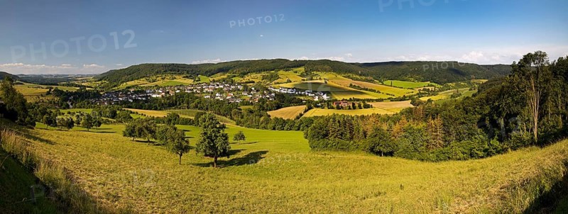 Panoramic view of the village of Holsthum, Southern Eifel nature park Park, Eifel, Rhineland-Palatinate, Germany, Europe