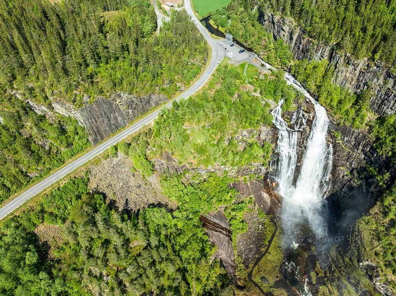 Aerial view of waterfall Skjervsfossen, near Granvin, Hardanger, Norway, Europe