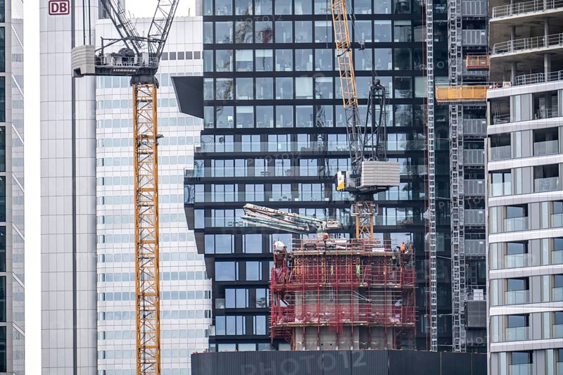 Construction site of the FOUR construction project, 4 high-rise towers at Roßmarkt in Frankfurt am Main, will be up to 228 metres high, with 59 storeys, for use as office buildings, flats, hotels and restaurants, Hesse, Germany, Europe