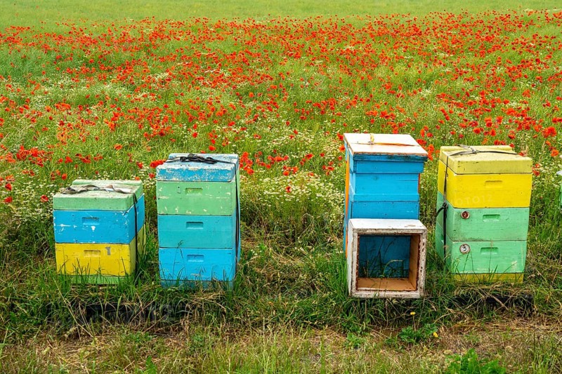 Beehives, beekeeping in a cornfield with blooming poppies, near Warstein, Sauerland, North Rhine-Westphalia, Germany, Europe