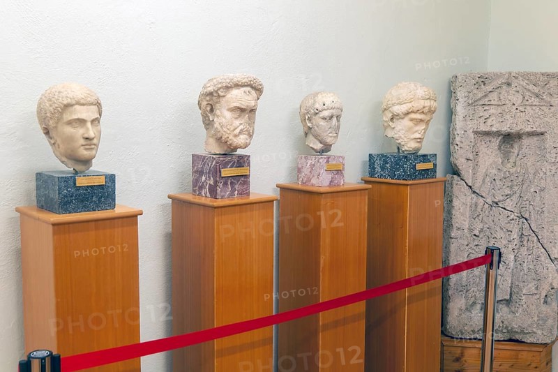 Carved marble Roman portraits head of four men, archaeology museum, Apollonia Archaeological Park, Albania, Europe