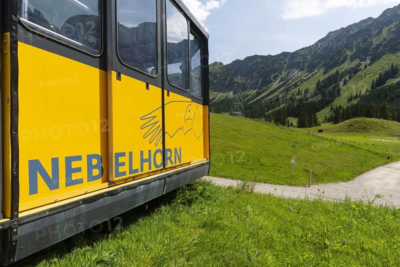 Discarded gondola of the Nebelhornbahn, behind it the new lift, Seealpe station, Oberstdorf, Allgäu Alps, Allgäu, Bavaria, Germany, Europe