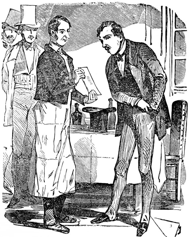 Distinguished gentleman complains about the high bill in a restaurant, smiling waiter points to champagne breakfast, dining table, chair, horror, smile, complaint, stinginess, food, satire, historical illustration 1858