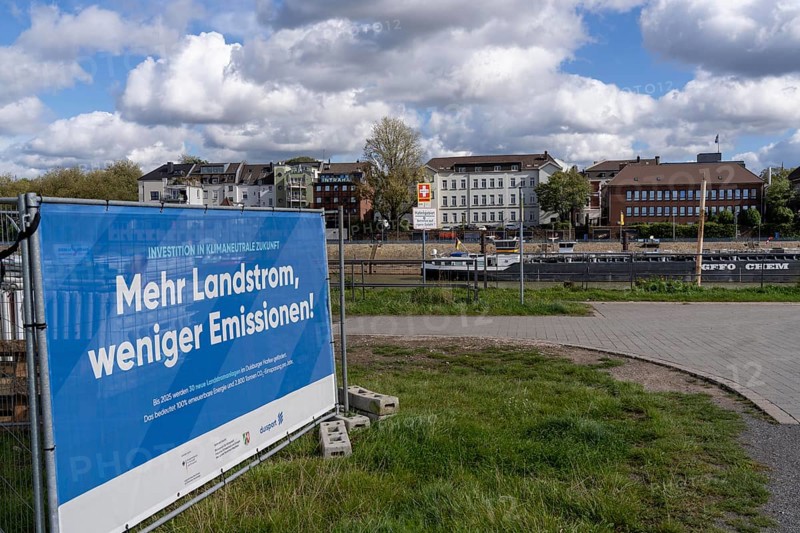 Construction site for shore power systems for inland shipping, cargo ships will then draw electricity from the mainland and will not have to run their diesel engines, environmental protection, climate project, fewer emissions, Duisburg, North Rhine-Westphalia, Germany, Europe