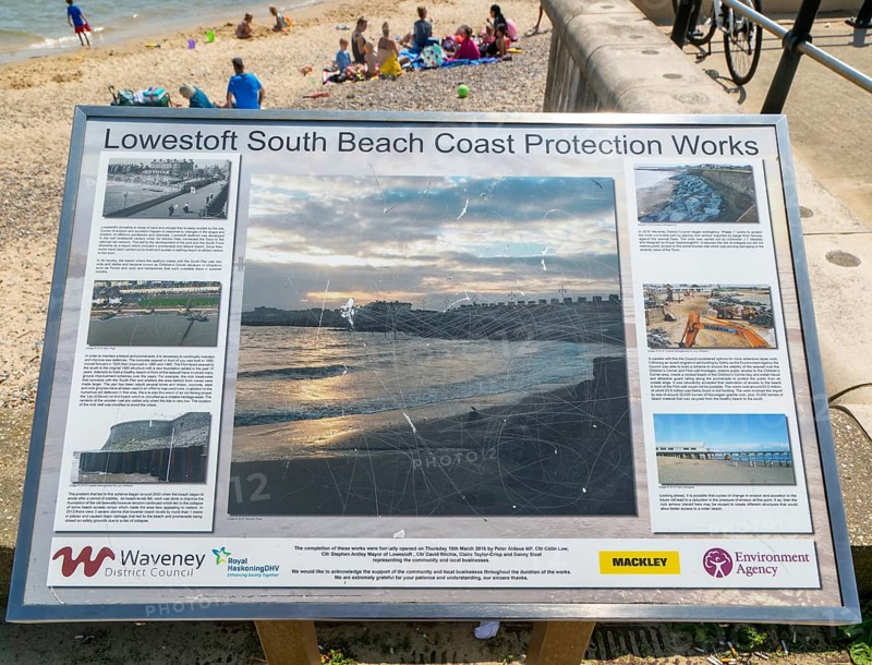 Information board South Beach Coast Protection Works, Lowestoft, Suffolk, England, UK
