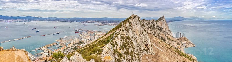 Panorama of rocks with city and sea in the background, Gibraltar, Europe