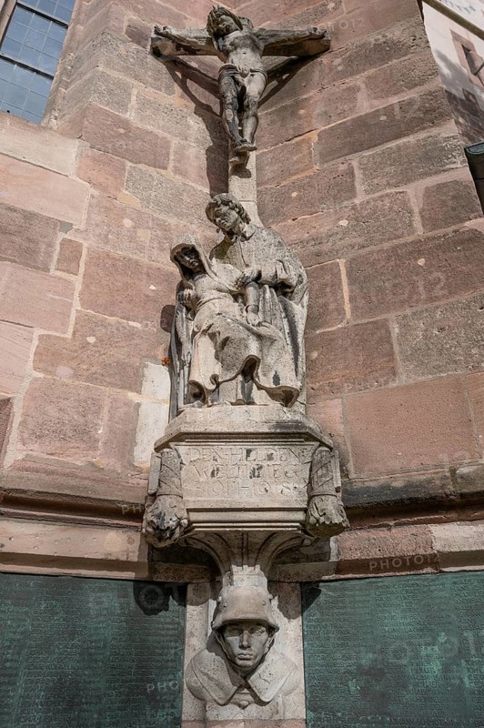War memorial with Christ's cross at the Church of St Nicholas and St Ulrich, Kirchenberg 15, Nuremberg-Mögeldorf, Middle Franconia, Bavaria, Germany, Europe