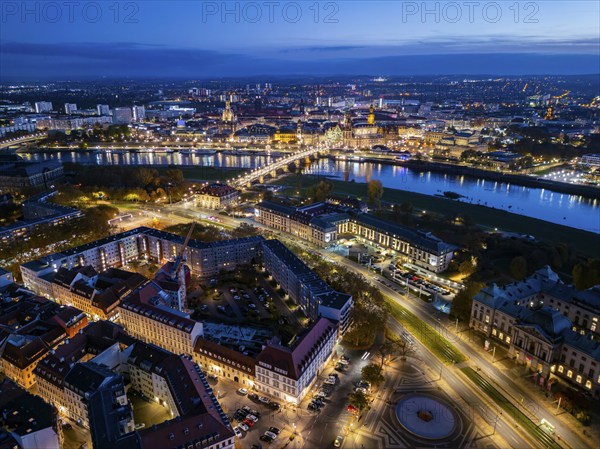 Innere Neustadt, Palaisplatz and Baroque Quarter, Japanese Palace and Hotel Bellevue, aerial view, Dresden, Saxony, Germany, Europe