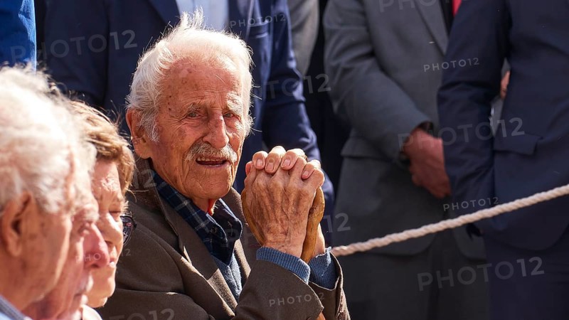 Survivors of the massacre of 3 June 1941, An elderly man looks thoughtfully into the distance during a meeting, Visit of Federal President Frank-Walter Steinmeier to Kandanos on 31 October 2024, Federal President, Frank-Walter Steinmeier, memorial, war crimes, Nazis, Wehrmacht crimes, World War II, Kandanos, Southwest Crete, Crete, Greek Islands, Greece, Europe