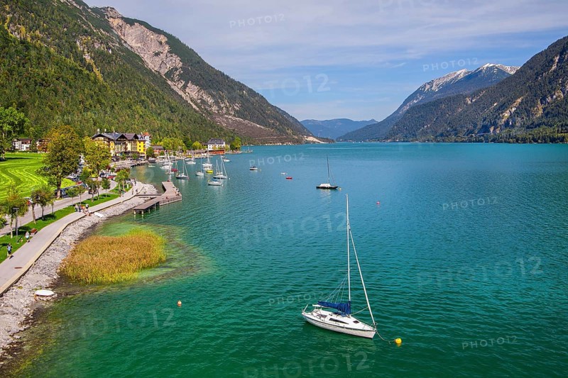 Promenade on the lakeshore with village, Pertisau, Achensee, Tyrol, Austria, Europe