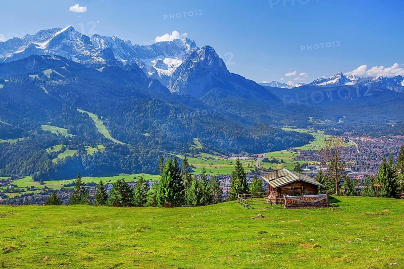 Eckenhütte on the Wank 1780m with views of the valley, town and Zugspitze group 2962m, Garmisch-Partenkirchen, Loisachtal, Werdenfelser Land, Upper Bavaria, Bavaria, Germany, Europe