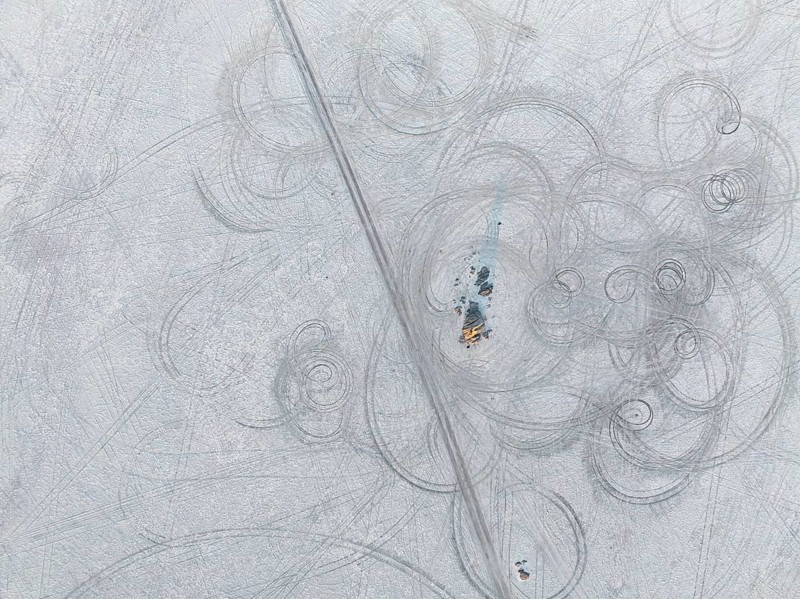 Tyre tracks in the salt pan, top-down, aerial view, Kubu Island, Botswana, Africa