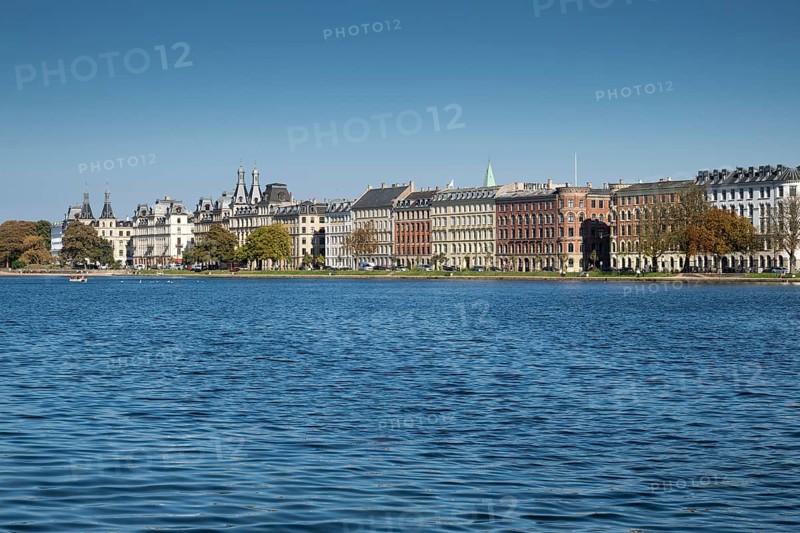 Historic buildings on the waterfront under a blue sky, Søerne, Sortedams Sø, Copenhagen Lakes, Copenhagen, Denmark, Europe